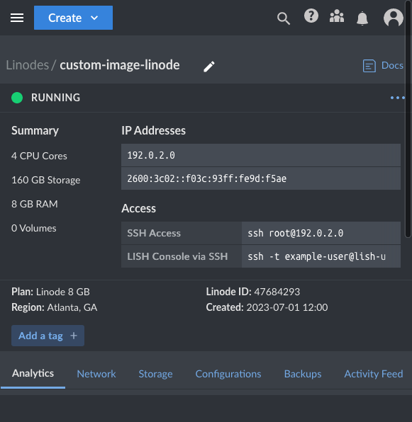 Landing page for the Compute Instance in the Cloud Manager