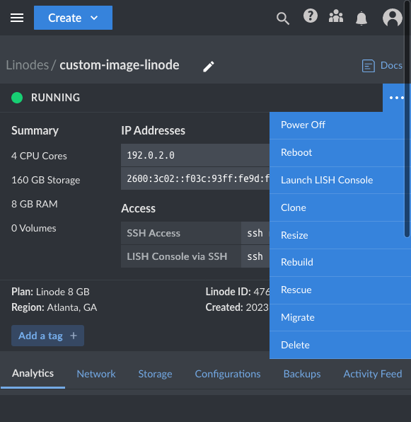 Menu options for the Compute Instance in  the Cloud Manager