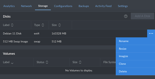 Options for an instance disk in the Cloud Manager