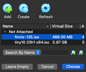 Selecting a disk image to mount in VirtualBox