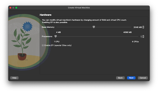 Setting hardware parameters for the new VirtualBox VM