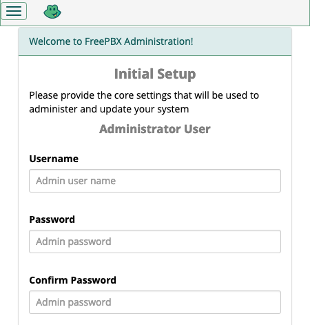 A form in FreePBX to create the initial administrator user