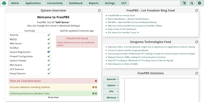 The FreePBX dashboard