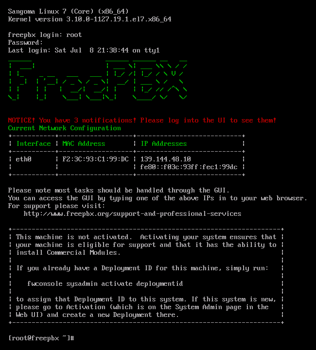 A GLish console connected to the FreePBX distribution